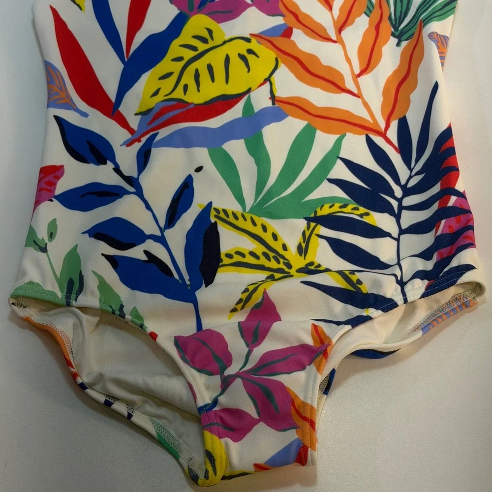 Quince One Piece Swimsuit Girls Size 6 White Tropical Palms Floral Leaf NEW